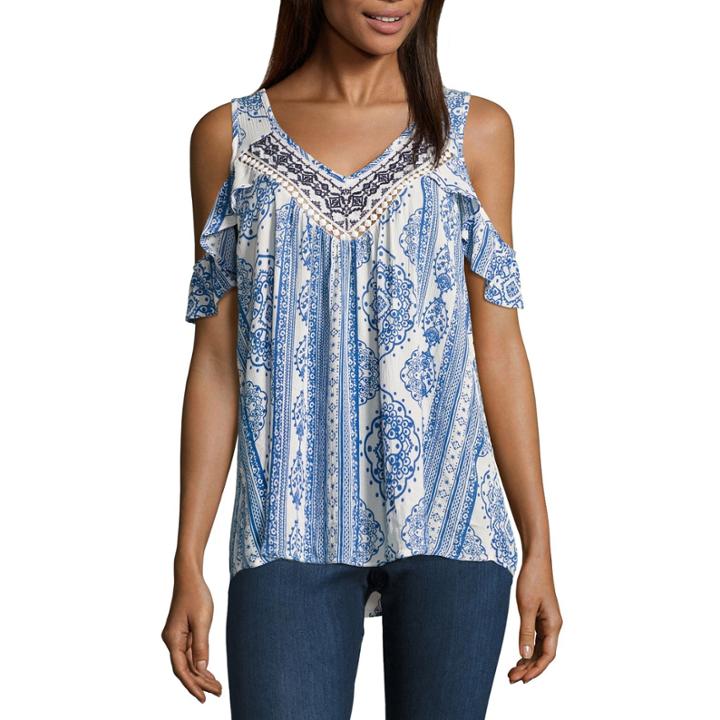Eyeshadow Short Sleeve V Neck Woven Blouse-juniors