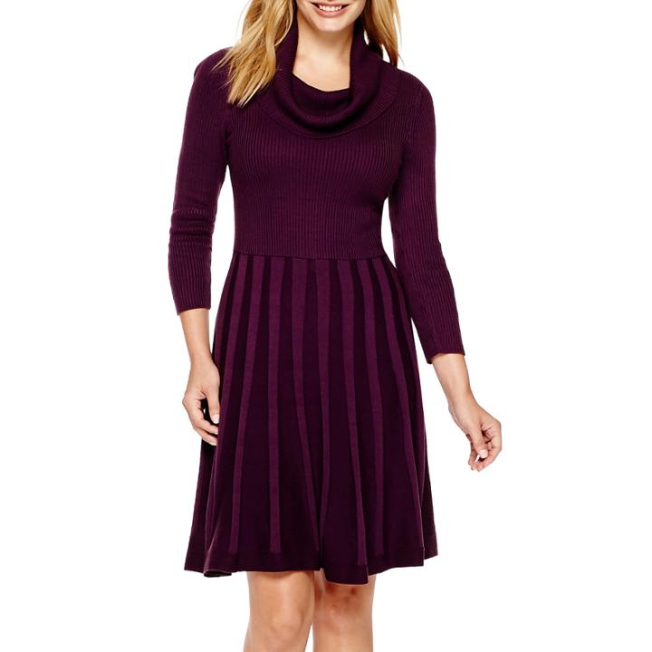 Liz Claiborne 3/4-sleeve Cowlneck Fit-and-flare Dress - Petite