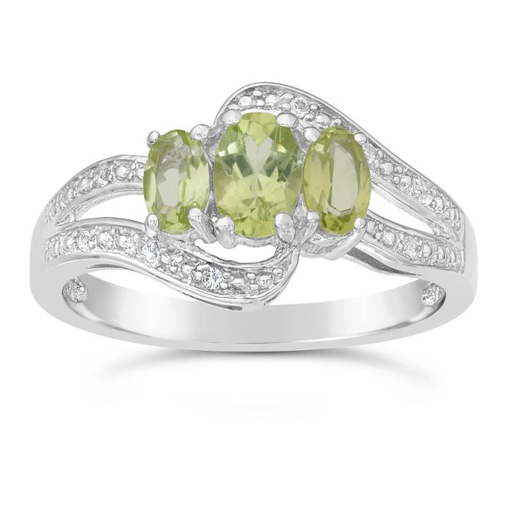 Genuine Peridot And White Topaz Sterling Silver 3-stone Ring