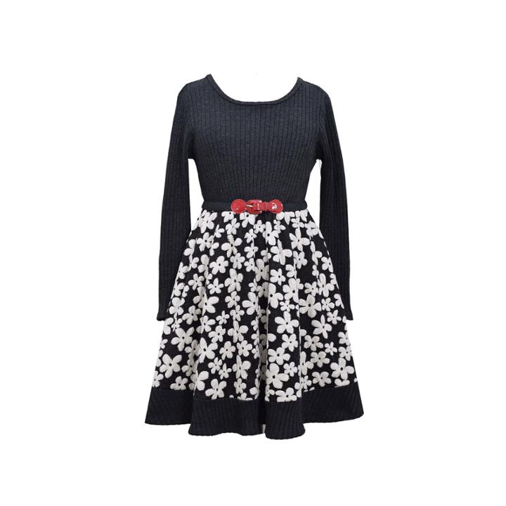 Bonnie Jean Long-sleeve Belted Floral Skater Dress - Plus
