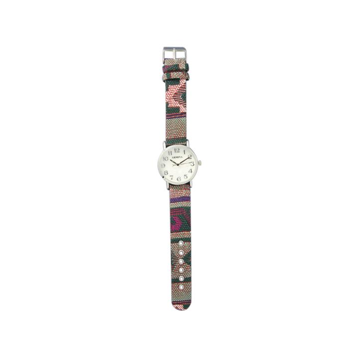 Olivia Pratt Womens Silver-tone Faux Mop Dial Green-pink Patterned Fabric Strap Watch 10352tr