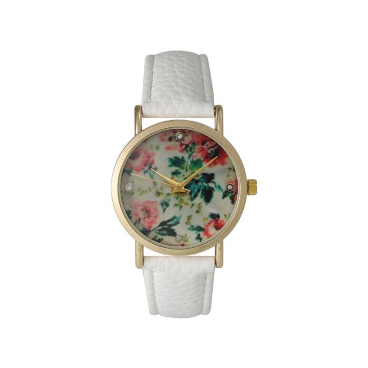 Olivia Pratt Womens Floral Rhinestone Accent Dial White Leather Watch 14977