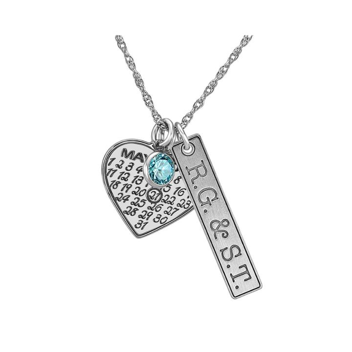 Personalized Couples Monogram Cubic Zirconia Birthstone Heart Pendant Necklace