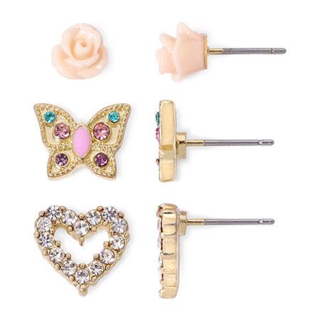 Sensitive Ears Rose Heart Butterfly 3-pr. Earring Set