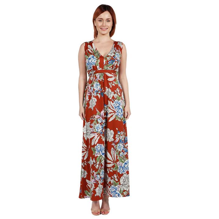24seven Comfort Apparel Tria Sleeveless Red Floralmaxi Dress