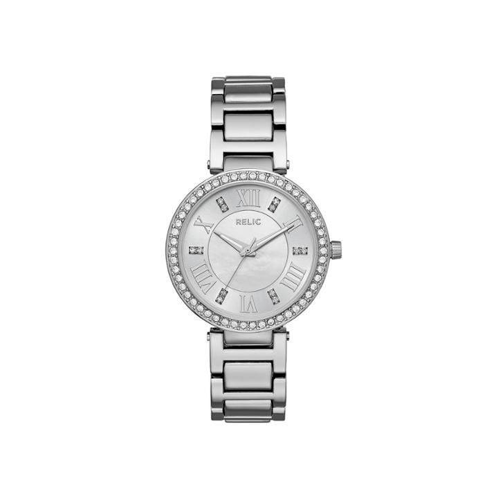 Relic Womens Isabella Crystal-accent Mother-of-pearl Link Watch