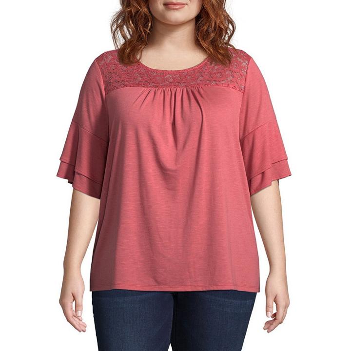 St. John's Bay Short Sleeve Lace Yoke Flutter Sleeve Tee - Plus