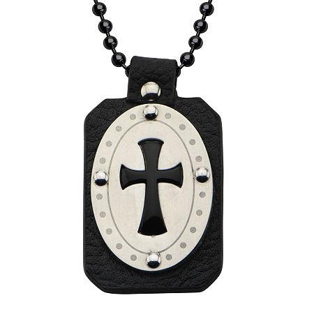 Inox Jewelry Mens Genuine Onyx & Leather Stainless Steel Cross Pendant Necklace