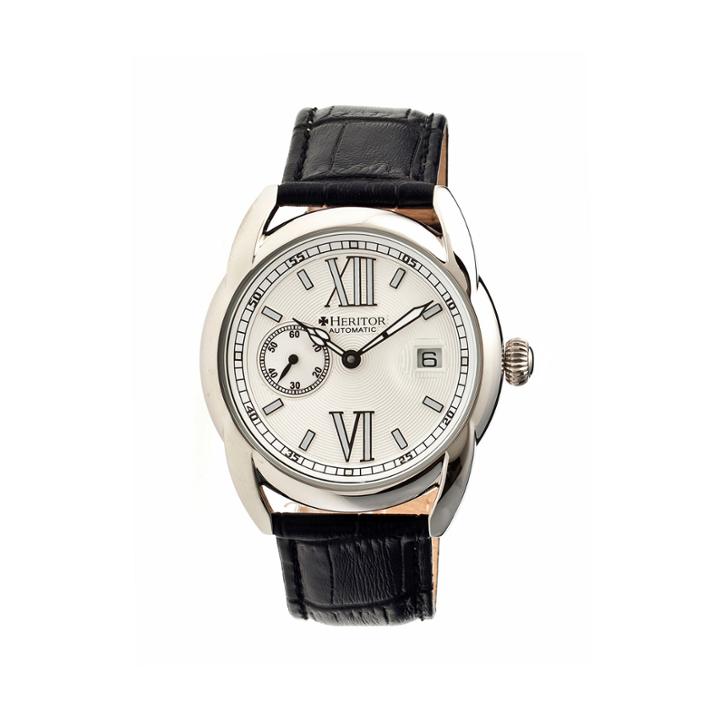 Heritor Automatic Burnell Mens Leather Date-silver Tone/black Watch
