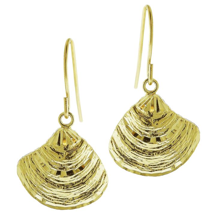 10k Yellow Gold Diamond-cut Shell Drop Earrings