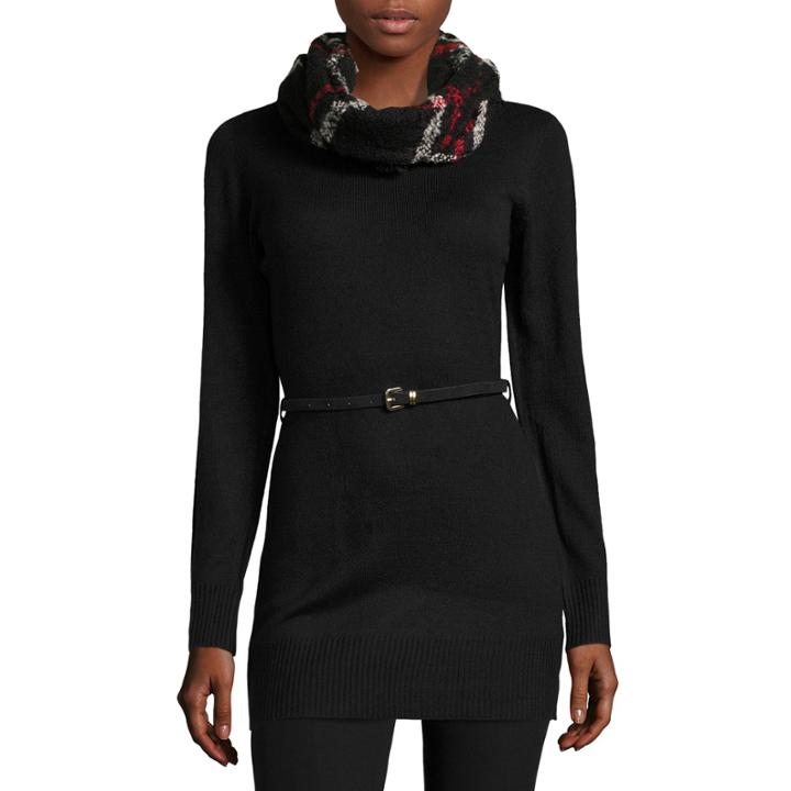 By & By Scarf Belted Tunic Scoop Neck Pullover Sweater-juniors