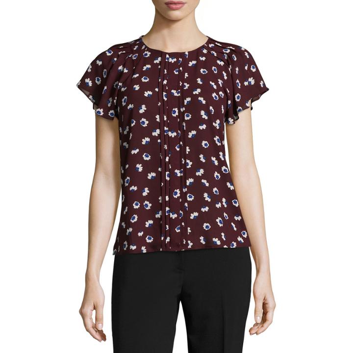 Worthington Short Sleeve Round Neck Woven Floral Blouse-petites