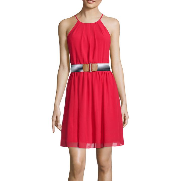 By & By Sleeveless Pleated Neck Belted Dress