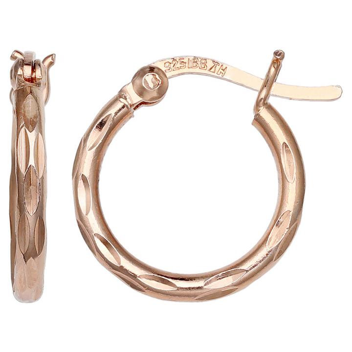 Silver Treasures Rose Over Silver Diamond Cut Hoop Earrings