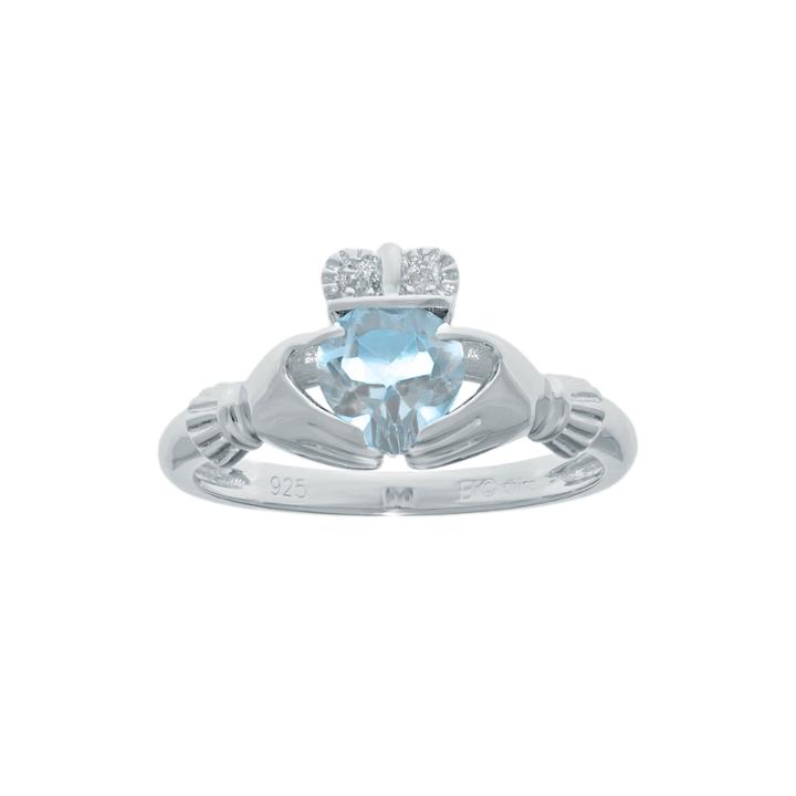 Heart-shaped Simulated Aquamarine And Diamond-accent Sterling Silver Claddagh Ring