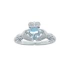 Heart-shaped Simulated Aquamarine And Diamond-accent Sterling Silver Claddagh Ring