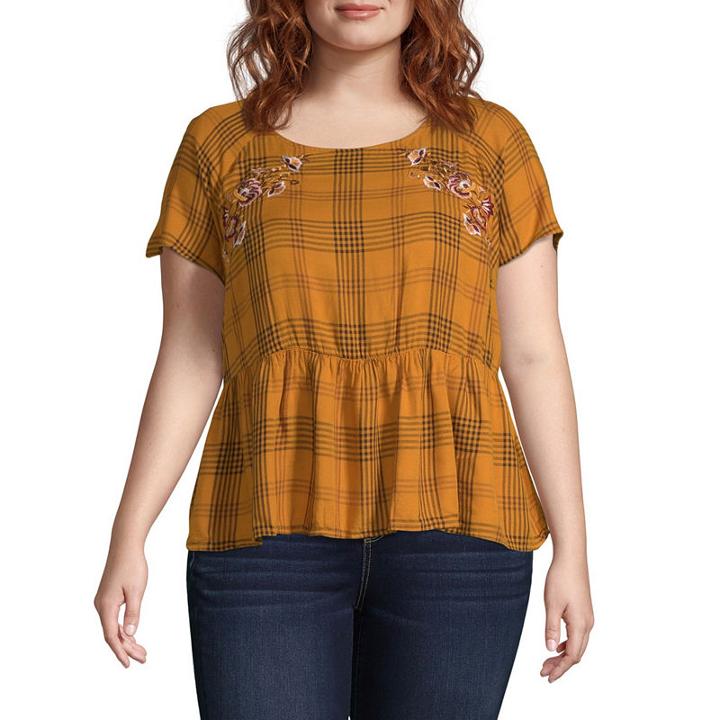 Arizona Short Sleeve Round Neck Woven Plaid Blouse-juniors Plus