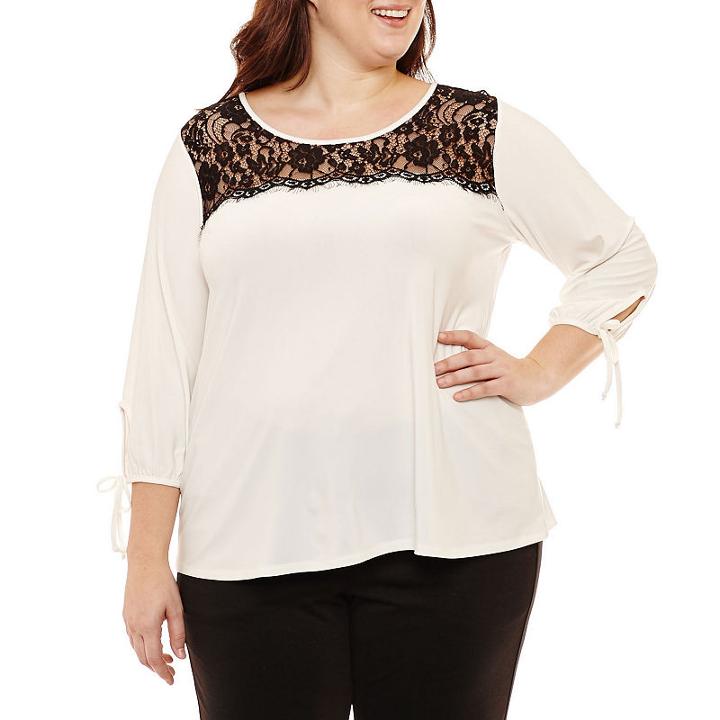 Liz Claiborne 3/4 Sleeve Lace Yoke Top- Plus
