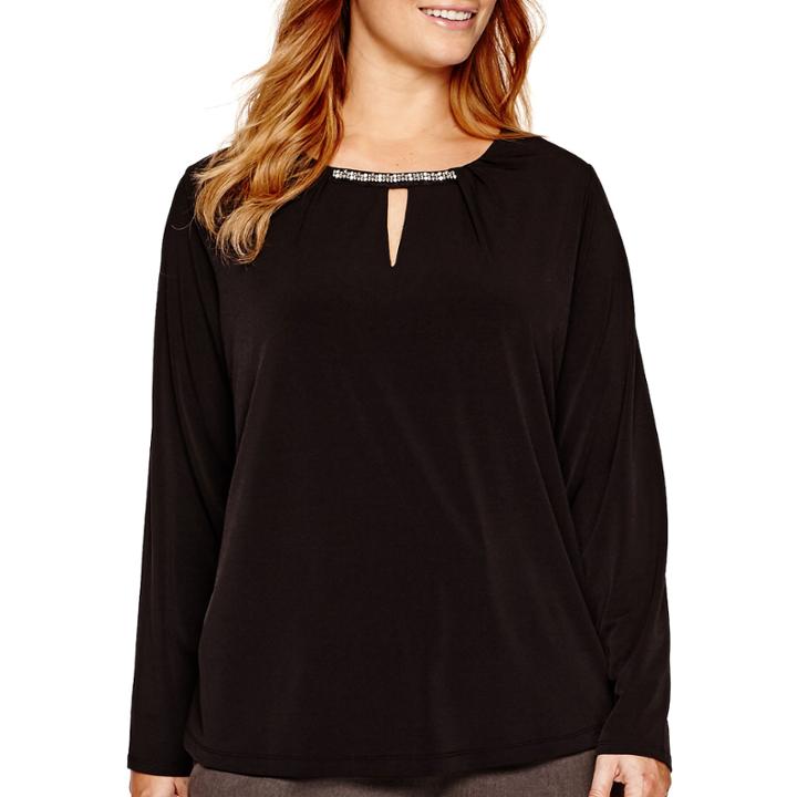 Liz Claiborne Long-sleeve Beaded-neck Knit Top - Plus