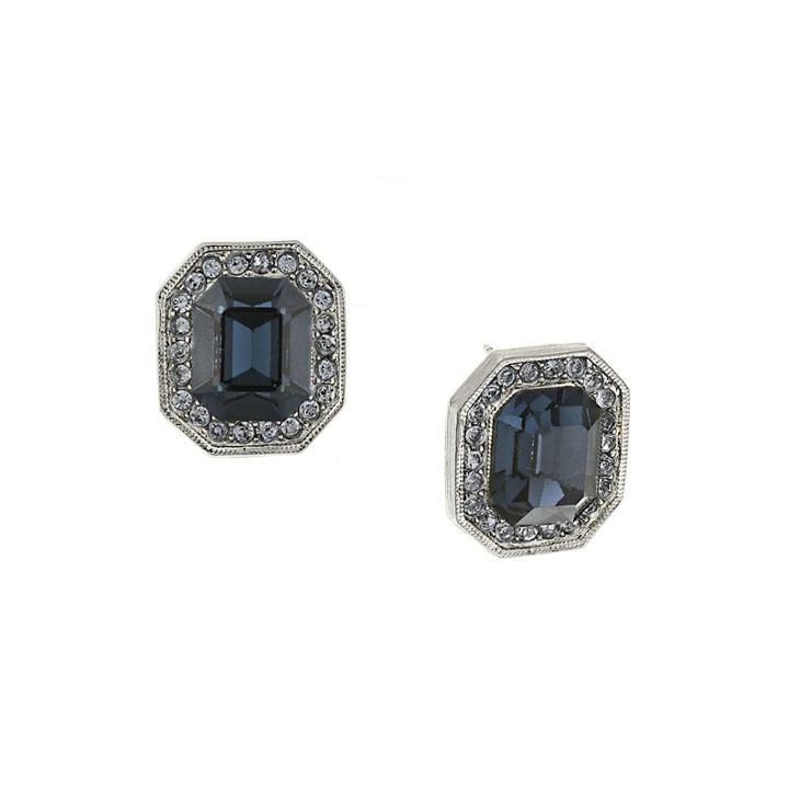 1928 Blue Crystal Silver-tone Button Earrings