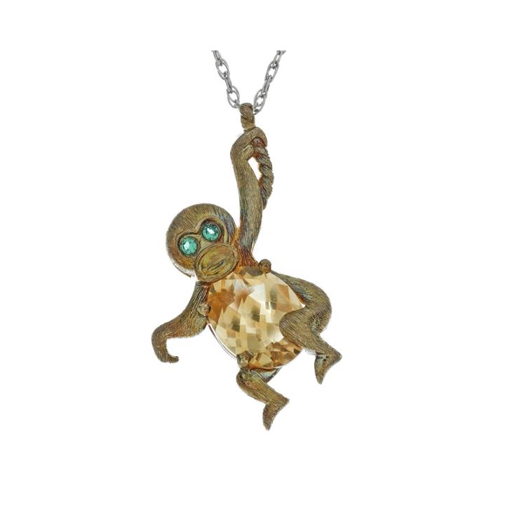 Lab-created Citrine And Simulated Emerald Monkey Pendant Necklace