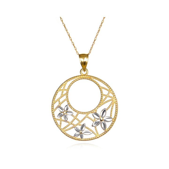 10k Two-tone Gold Beaded Flower Pendant Necklace