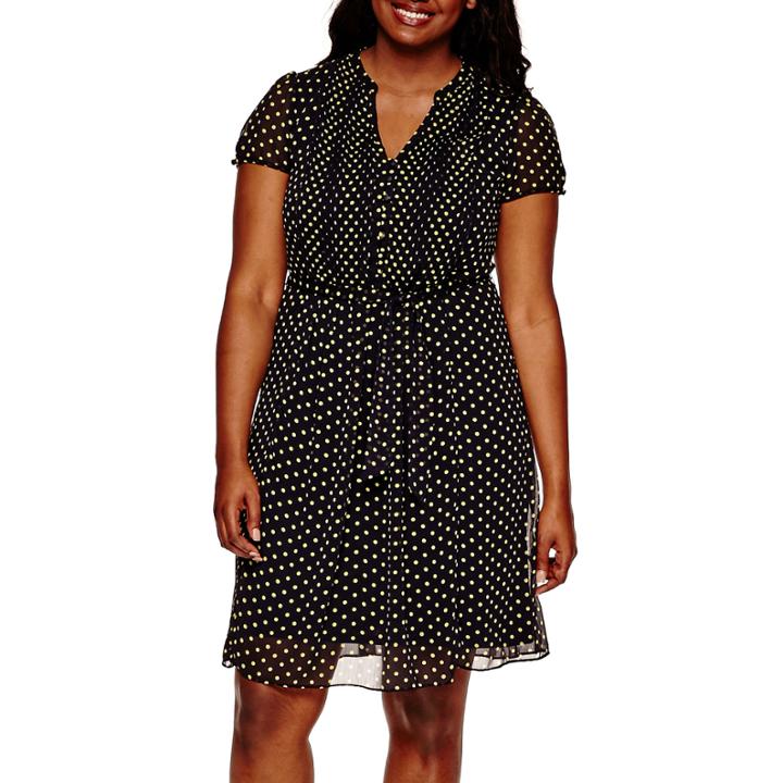Msk Short-sleeve Dot Print Pintuck Shirtdress - Plus