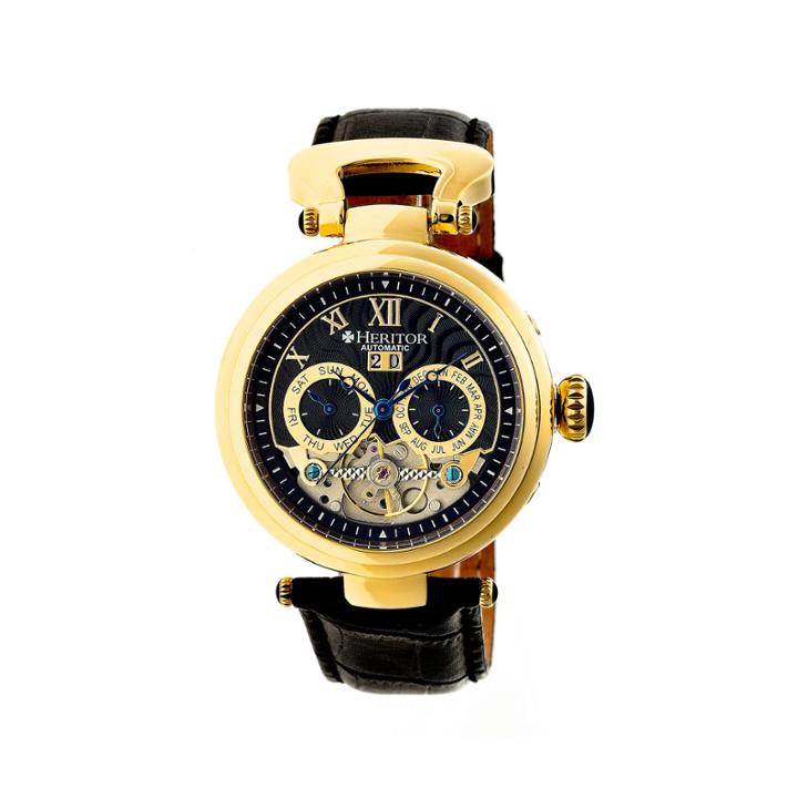 Heritor Automatic Ganzi Mens Leather Day & Date-gold/black Watches