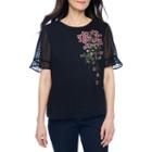 Liz Claiborne Elbow Sleeve Round Neck Chiffon Embroidered Floral Blouse-petites