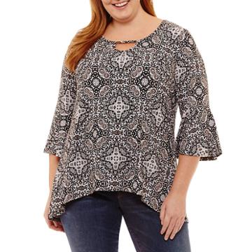 3/4 Bell Sleeve Keyhole Printed Blouse - Plus