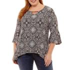 3/4 Bell Sleeve Keyhole Printed Blouse - Plus