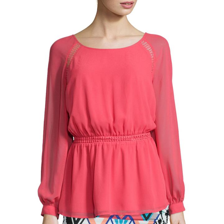 Bisou Bisou Long-sleeve Crochet Peplum Blouse