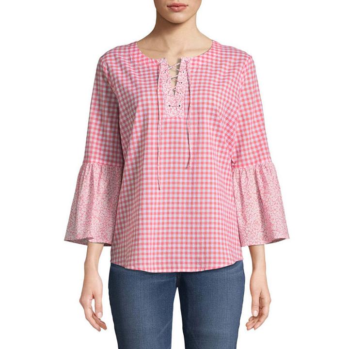 St. John's Bay 3/4 Sleeve Split Crew Neck Dobby Blouse