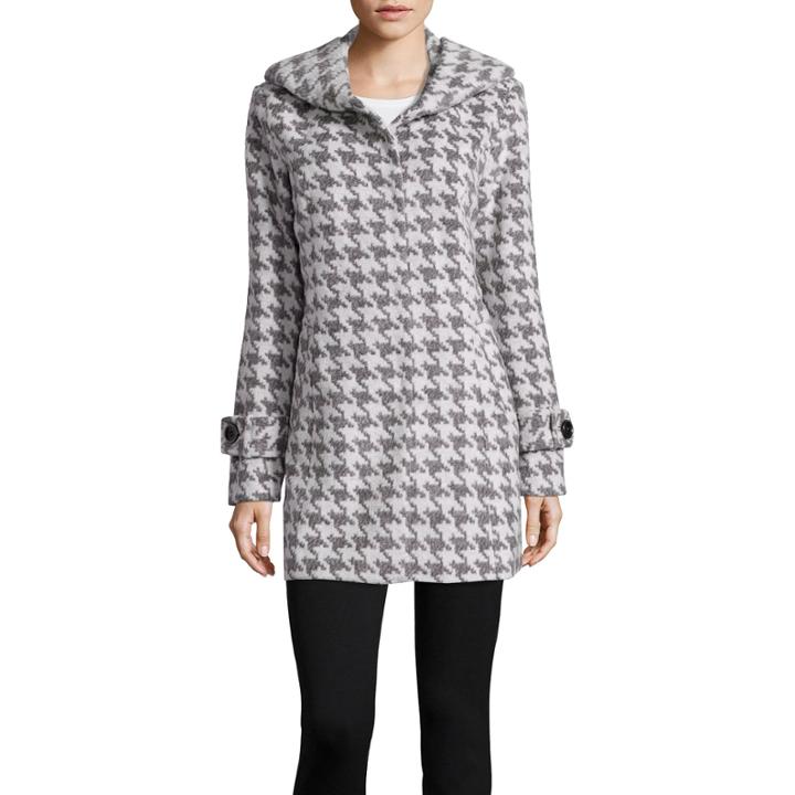 Details Hooded Placket Front Faux-wool Overcoat