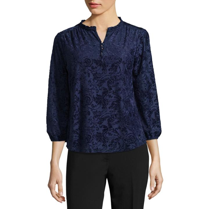 Liz Claiborne 3/4 Sleeve Split Neck Velvet Blouse