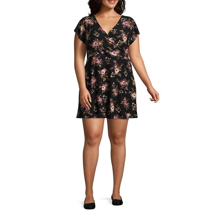 Arizona Short Sleeve Floral Wrap Dress-juniors