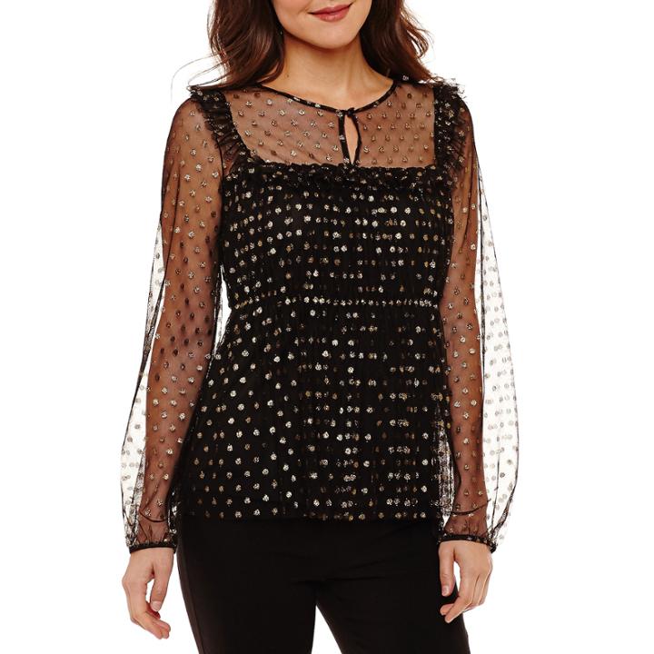 Worthington Long Sleeve Foil-dot Mesh Blouse-petites