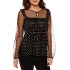 Worthington Long Sleeve Foil-dot Mesh Blouse-petites