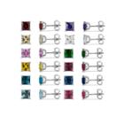 Sterling Silver 5mm Square Simulated Gemstone 12 Earring Pair Set