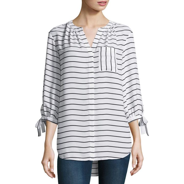 A.n.a Ana Tie Sleeve Y Neck Tunic 3/4 Sleeve Y Neck Woven Floral Blouse