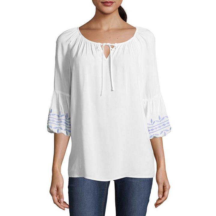 Como Blu 3/4 Sleeve Scoop Neck Woven Embroidered Blouse