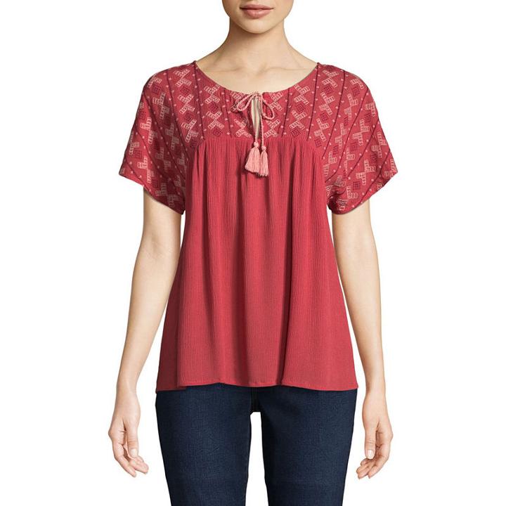 St. John's Bay Embroidered Short Cap Sleeve Peasant Top