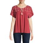 St. John's Bay Embroidered Short Cap Sleeve Peasant Top