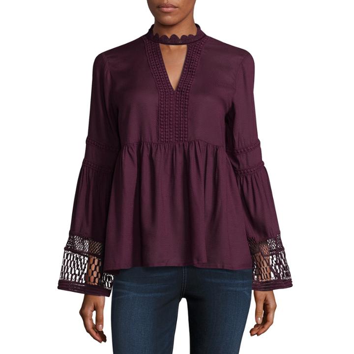 A.n.a. Long Sleeve Lace Bell Sleeve Choker Blouse