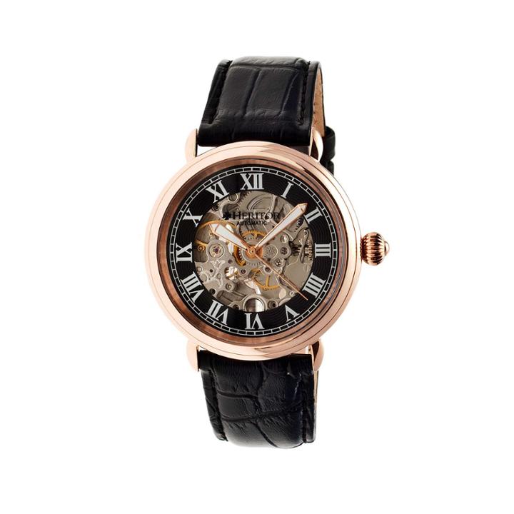 Heritor Automatic Ossibus Mens Skeleton Dial Leather-band Rose Gold Tone/black Watch