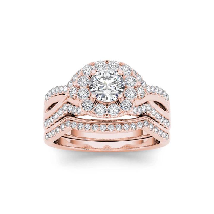 1 1/4 Ct. T.w. Diamond 14k Rose Gold Halo Bridal Ring Set
