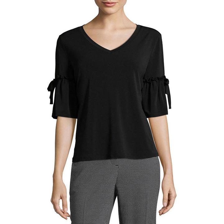 Worthington 3/4 Sleeve V Neck Knit Blouse-petite