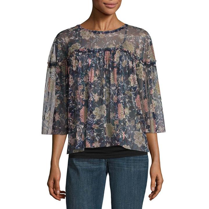 Belle + Sky Unlined 3/4 Sleeve Shirred Yoke Mesh Top