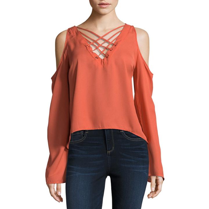 Derek Heart Not Applicable Long Sleeve V Neck Crepe Blouse-juniors