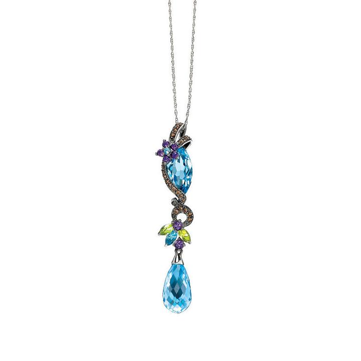 Grand Sample Sale By Le Vian Deep Sea Blue Topaz, Grape Amethyst, Green Apple Peridot, And Chocolate Diamonds Pendant In 14k Vanilla Gold